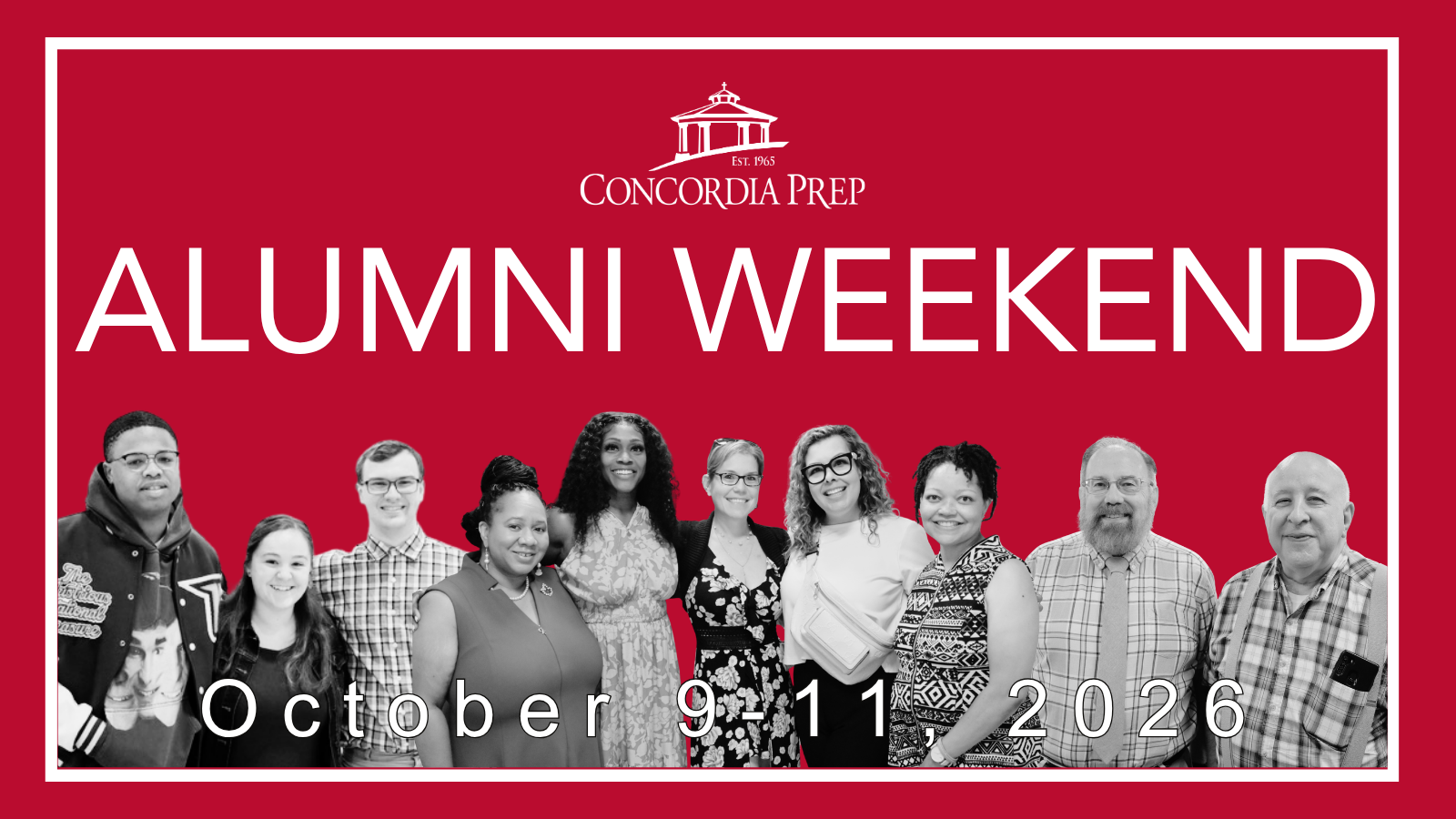 Red background with alumni in black and white photos