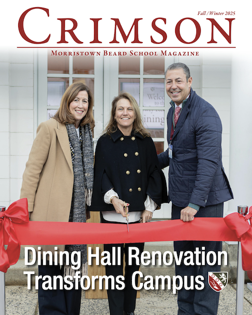 The cover of the Fall 2025 Crimson Magazine featuring the head of school and two trustees at the ribbon cutting of the renovated dining hall.